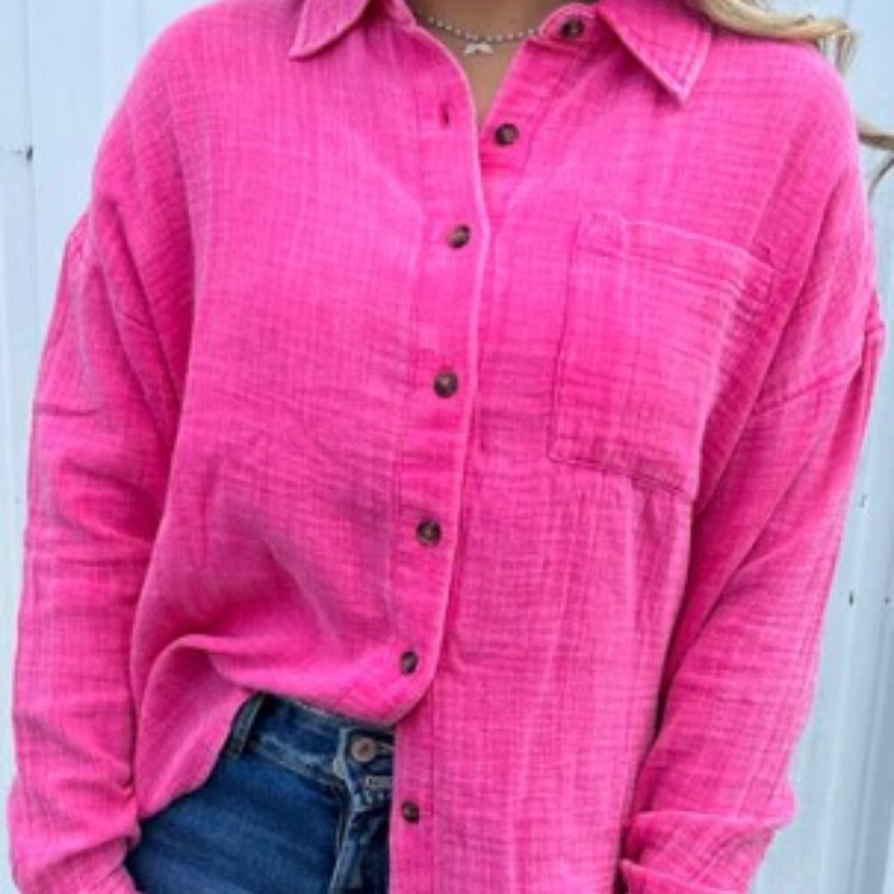 Simply Southern Hot Pink Button Down, NWT